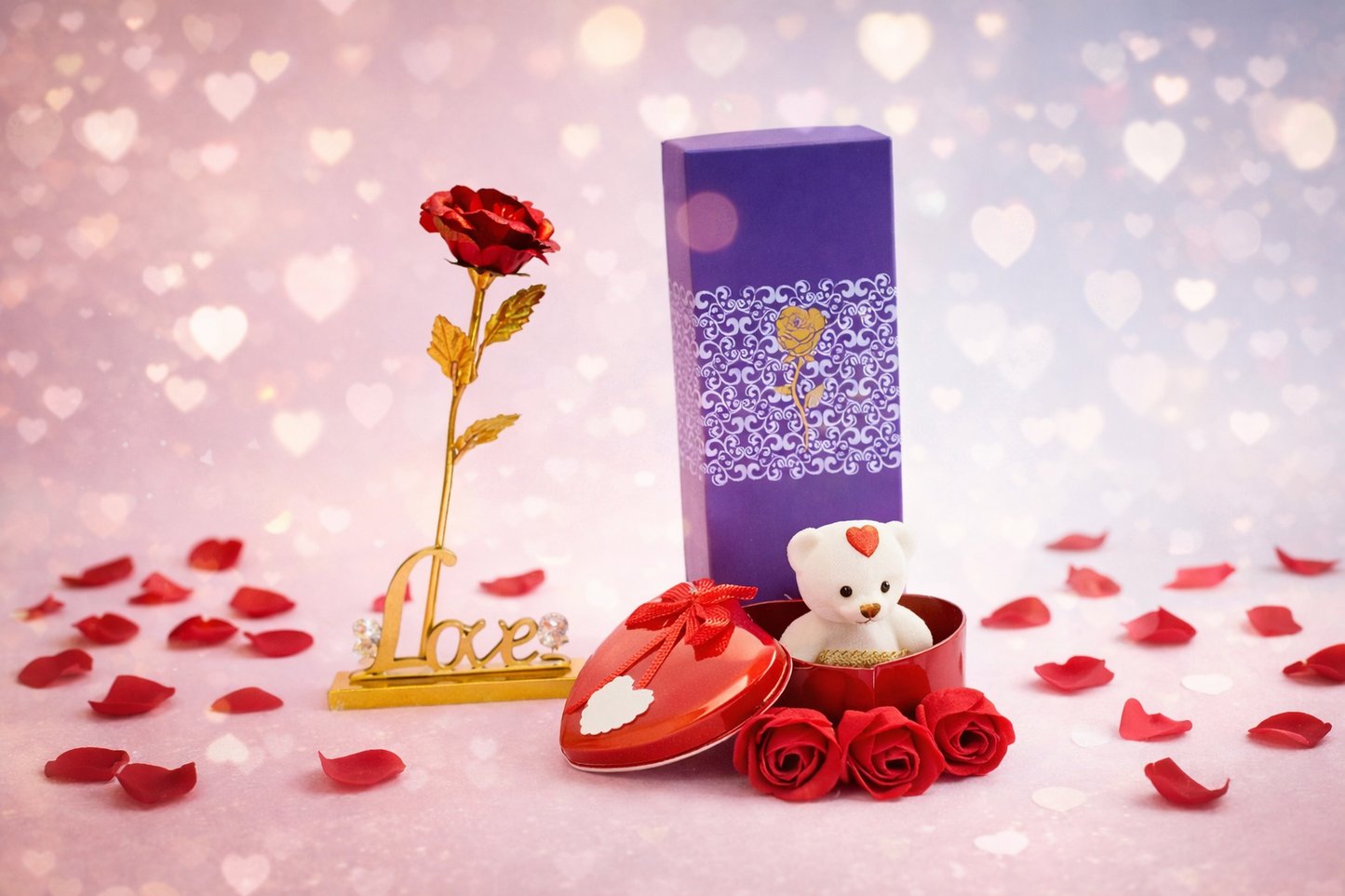 Valentine's Day Premium Love Gift Set - 24K Golden Rose with Teddy Bear & Heart Box | Romantic Gift for Girlfriend Wife Crush