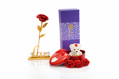Valentine's Day Premium Love Gift Set - 24K Golden Rose with Teddy Bear & Heart Box | Romantic Gift for Girlfriend Wife Crush